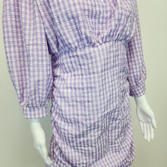 Zara Farmers Daughter Mini Dress Size M Purple Ruched Front Gingham Puff Sleeve - Picture 11 of 16